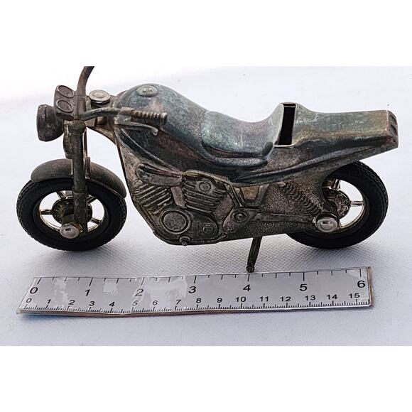 NOVELTY COIN BANK-Pewter Motorcycle-Rubber Tires-Stands Up On Stand - Picture 10 of 12